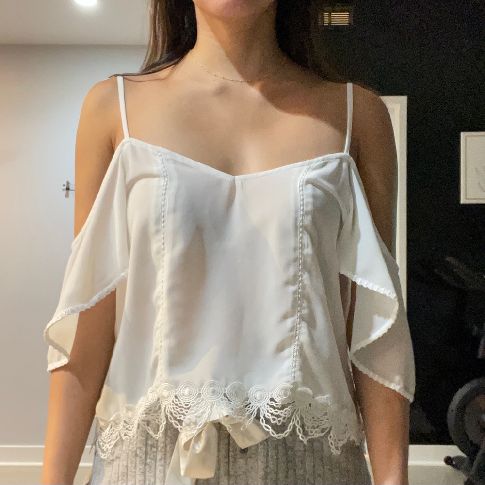 Off the shoulder white crochet trim top S